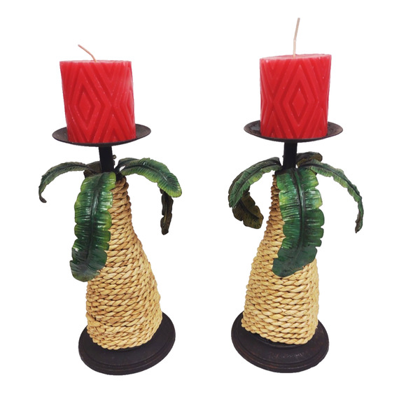 Pair of 2 Metal Sisal Rope Palm Tree Tiki Aloha Candleholder Pillar Candle Stand - Picture 2 of 9